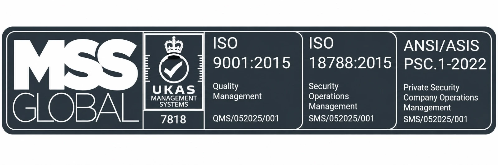 MSS Global — UKAS-accredited certification: ISO 9001:2015, ISO 18788:2015, ANSI/ASIS PSC.1-2022