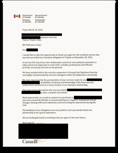 Recommendation letter from Embassy of Canada, Canadian Delegation · Tripoli, Libya, dated 10·03·2022.
